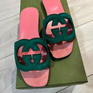 Gucci Teal and Pink Slide Sandals for Women